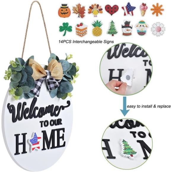 Seasonal Interchangeable Welcome Sign, Welcome to Our Home Sign w/ Holiday Piece - Picture 6 of 8